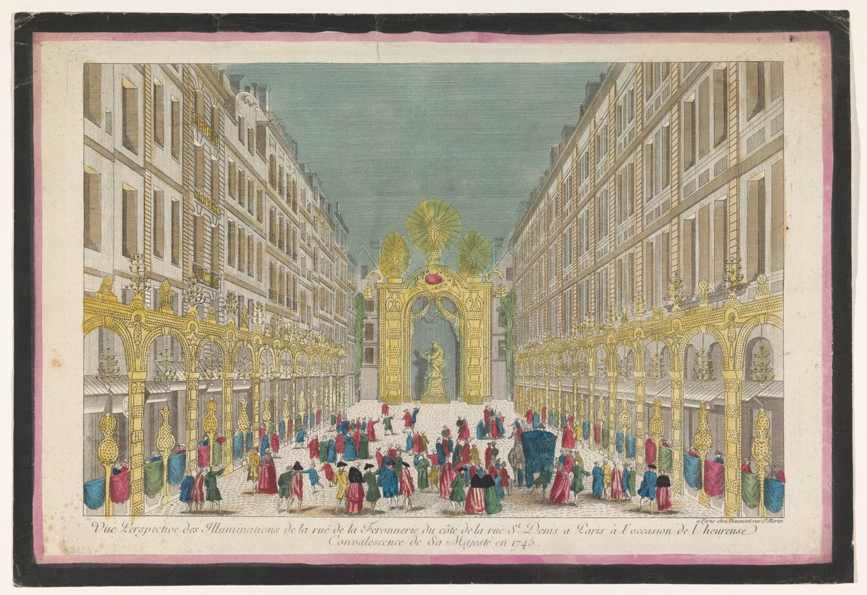 Utsikt over utsmykningen av Rue de la Feronnerie i Paris i anledning restaureringen av Louis XV, kongen av Frankrike, i 1745 Vue perspective des illuminations de la Ruë de la Feronnerie du côté de la Ruë St. Denis a Paris (...) (tittel på o av Jean François Daumont