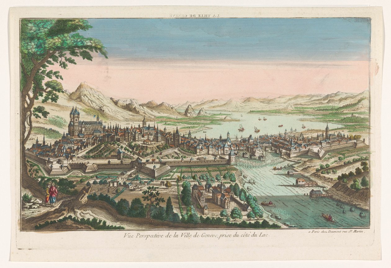 Utsikt over byen Genève sett fra Genfersjøen La ville de Geneve (tittel på objekt) av Jean François Daumont