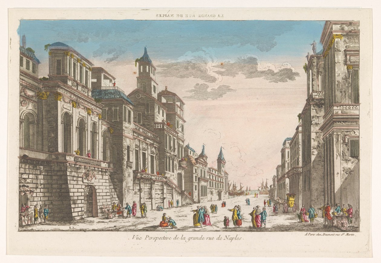 Utsikt over en gate mot havet i Napoli La grande rue de Naples (tittel på objekt) av Jean François Daumont