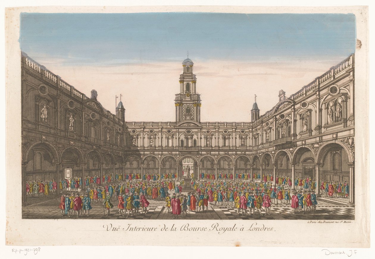 Utsikt over interiøret til Royal Exchange i London Vuë Interieure de la Bourse Royale à Londres (tittel på objekt) av Jean François Daumont