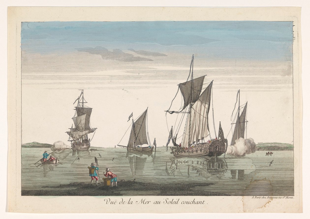 Havlandskap med skip og båter ved solnedgang Vue de la mer au soleil couchant (tittel på objekt) av Jean François Daumont
