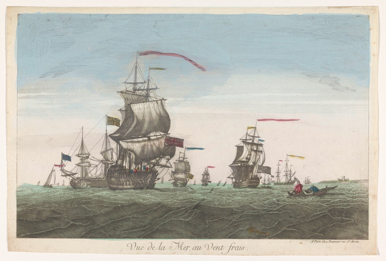 Havutsikt med skip og båter i vinden Vue de la mer au vent frais (tittel på objekt) av Jean François Daumont