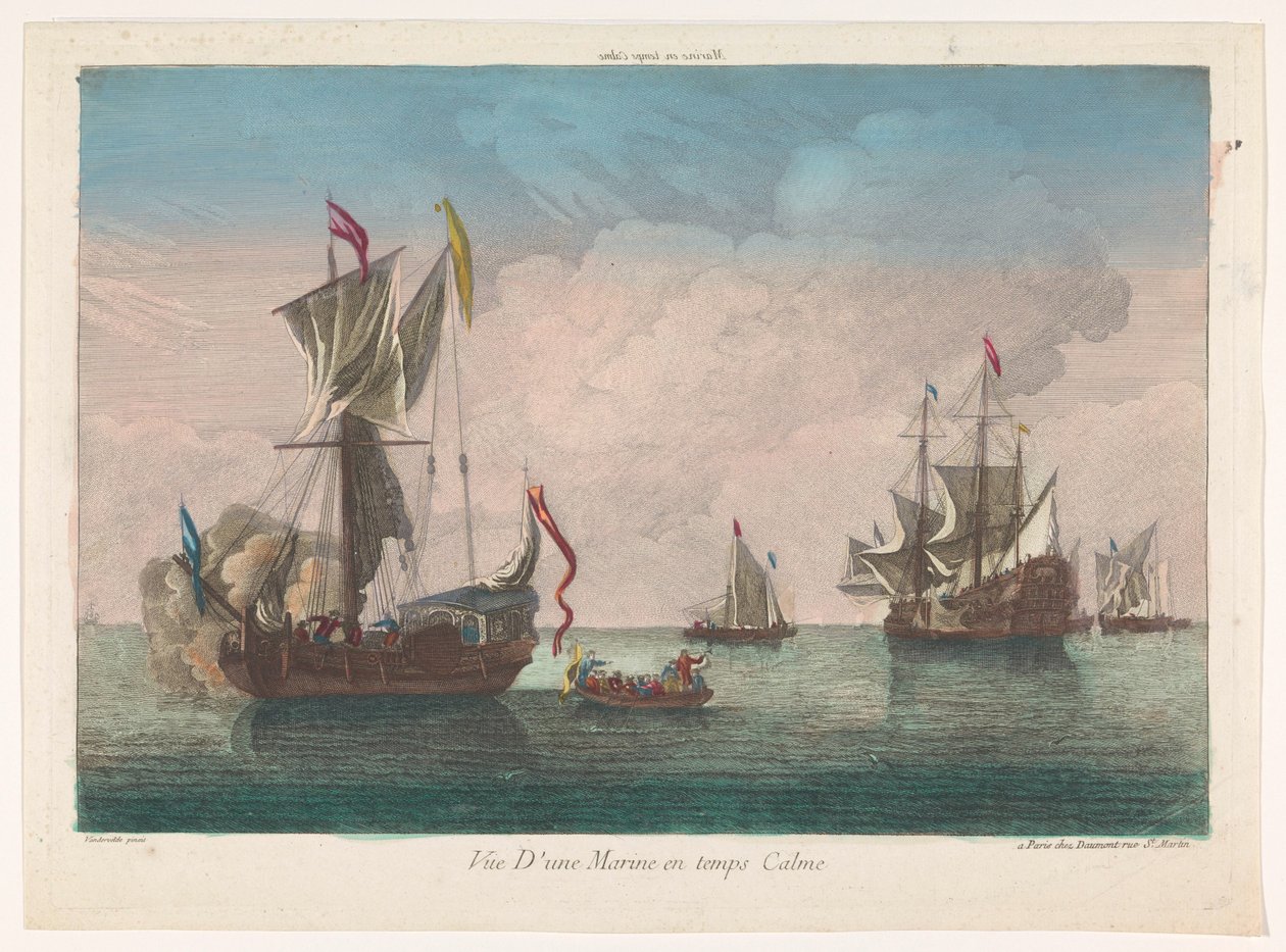Zeegezicht met schepen en boten op een kalme zee Marine en temps calme (title on object)   1369050   no       norwegian Successfully Translated  Original: Illustration for Robinson Crusoe by Daniel Defoe (colour litho) Translat: Illustration for Robinson C av Jean François Daumont