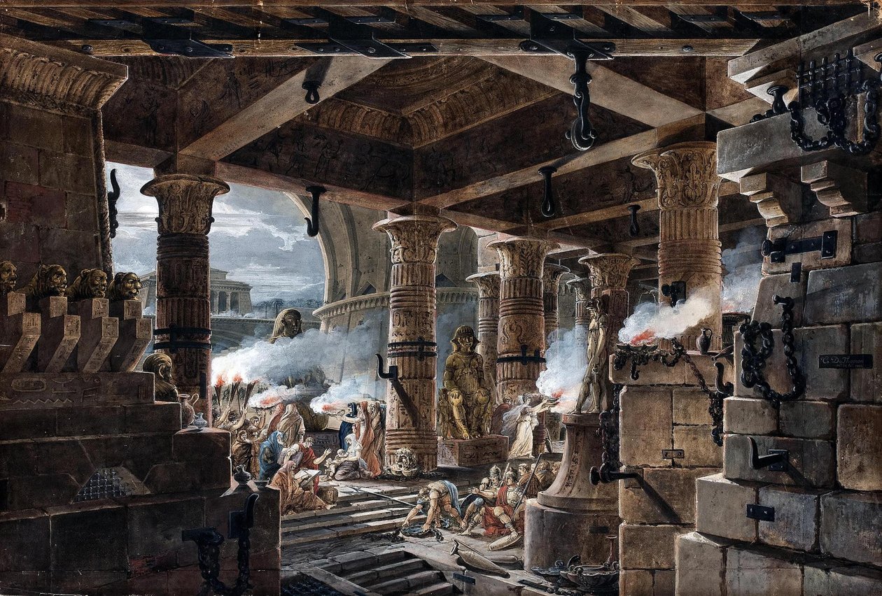 Architectural Fantasy - innvendig utsikt over et egyptisk tempel, 1803 av Jean François Thomas de Thomon