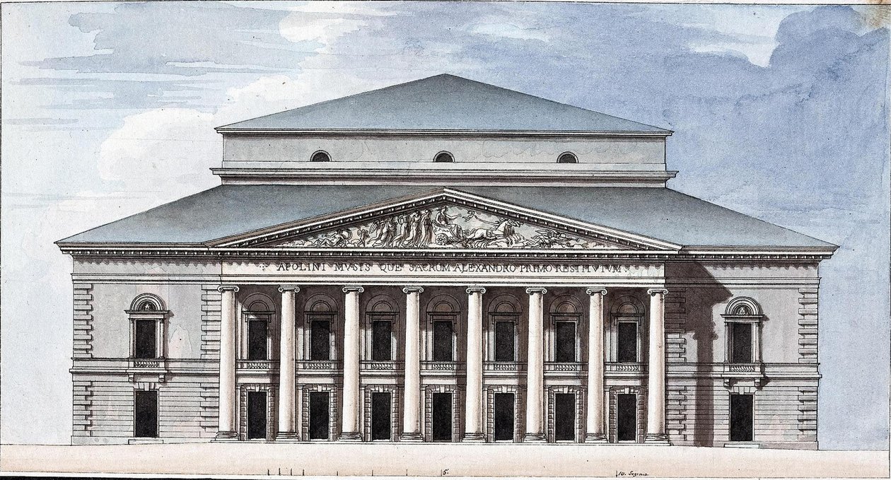 Fasade til Saint Petersburg Imperial Bolshoi Kamenny Theatre, 1802 av Jean François Thomas de Thomon