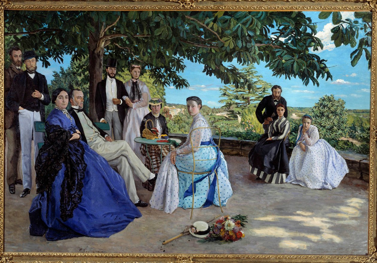 Familiemøte: portrett av en fransk borgerlig familie samlet i en hage. Fra venstre til høyre: Jean Frederic Bazille, hans onkel Monsieur des Hours, hans mor og far, hans kusine Pauline og hennes ektemann Monsieur Teulon, hans tante Madame des Hours og av Jean Frederic Bazille
