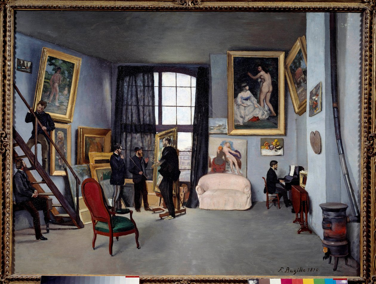 L'atelier de Bazille, 9 rue de la condemine i Paris (Til venstre, sittende på bordet, snakker Auguste Renoir med Emile Zola. I midten viser Bazille Edouard Manet et av hans siste verk, mens Claude Monet står bak ham og en nær venn av Baz av Jean Frederic Bazille