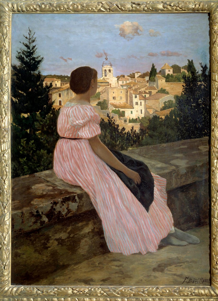 Rosa kjole eller utsikt over Castelnau le Lez (eller Castelnau-le-Lez, Herault). Portrett av kunstnerens niese, Therese des Hours. Maleri av Jean Frederic Bazille (1841-1870) 1864 Søn. 1,4x1,1 m. Olje på lerret. Paris, musee d