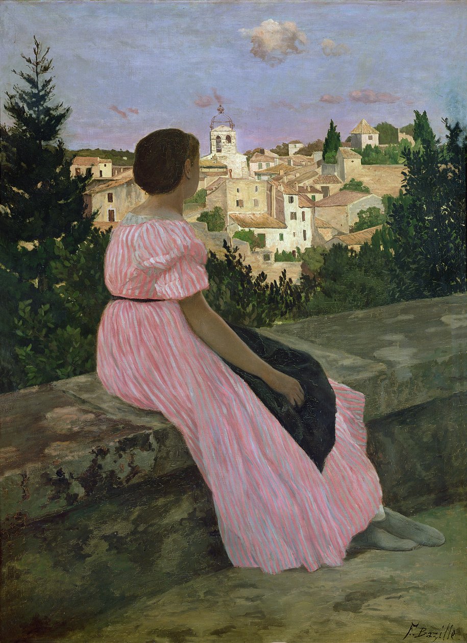 Den rosa kjolen, eller utsikt over Castelnau-le-Lez, Herault, 1864 av Jean Frederic Bazille