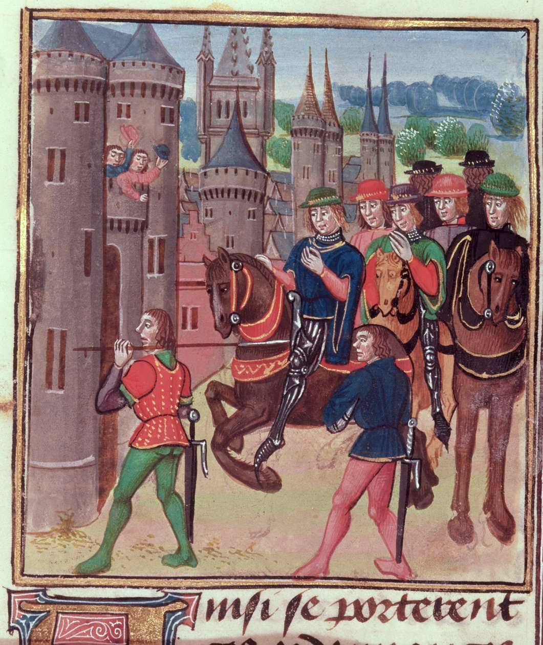 Roy 18 E II f.390 Henry Bolingbroke (Henry IV) går inn i London, henrettet for Edward IV, fra bind IV (dekker perioden fra 1389-1400), av Jehan Froissart, ca. 1460-80 av Jean Froissart