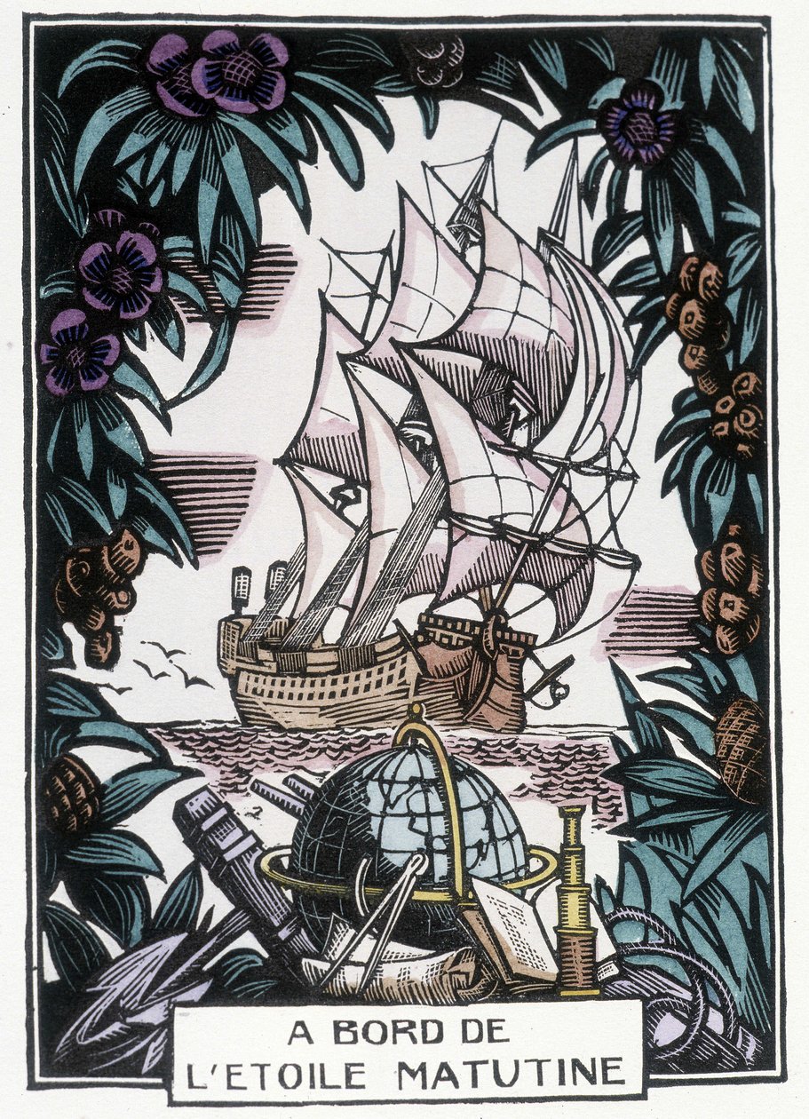Ship at Sea: Illustrasjon av begynnelsen av det 20. århundre av Jean-Gabriel (Jean Gabriel) Daragnes (1886-1950) for boken "A bord de l'etoile Matutine" av Pierre Mac Orlan (1882 - 1970), XX. . av Jean Gabriel Daragnes