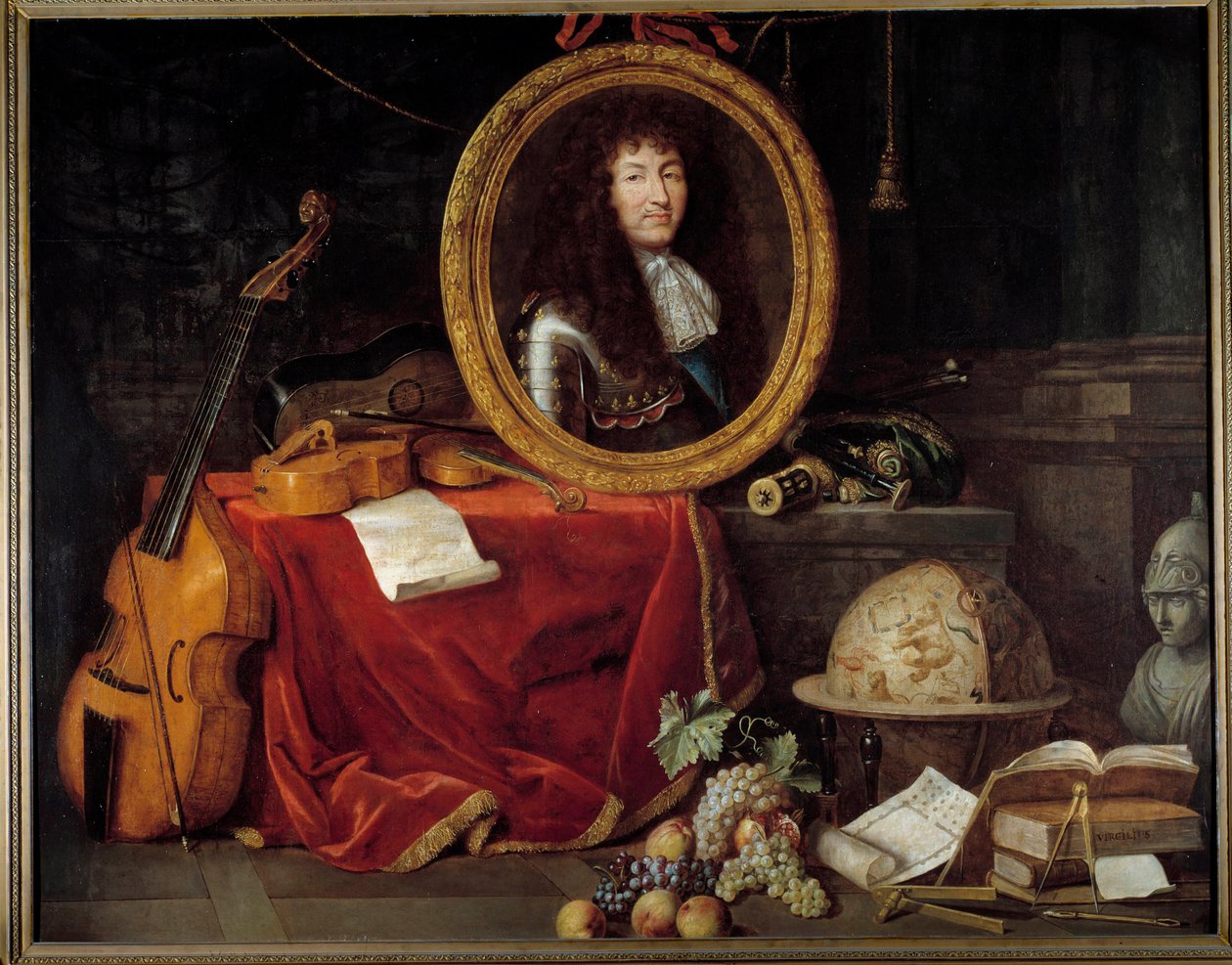 Portrett av Ludvig XIV, konge av Frankrike (1638-1715), Protector of Arts and Sciences Portrettet av kongen er omgitt av musikkinstrumenter (viola de gamba, fiolingitar) og vitenskapelige instrumenter (firkant, himmelklode, kompas). Maleri av Jean Ga av Jean Garnier