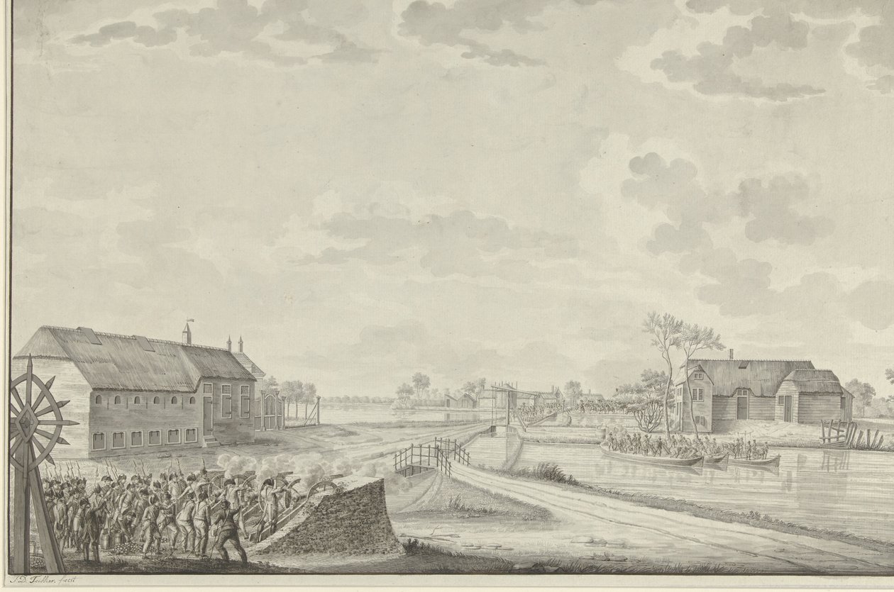 Angrep av prøysserne under oberst Van Brush på Duivendrecht-broen, 1. oktober 1787 av Jean George Teissier (signed by artist)