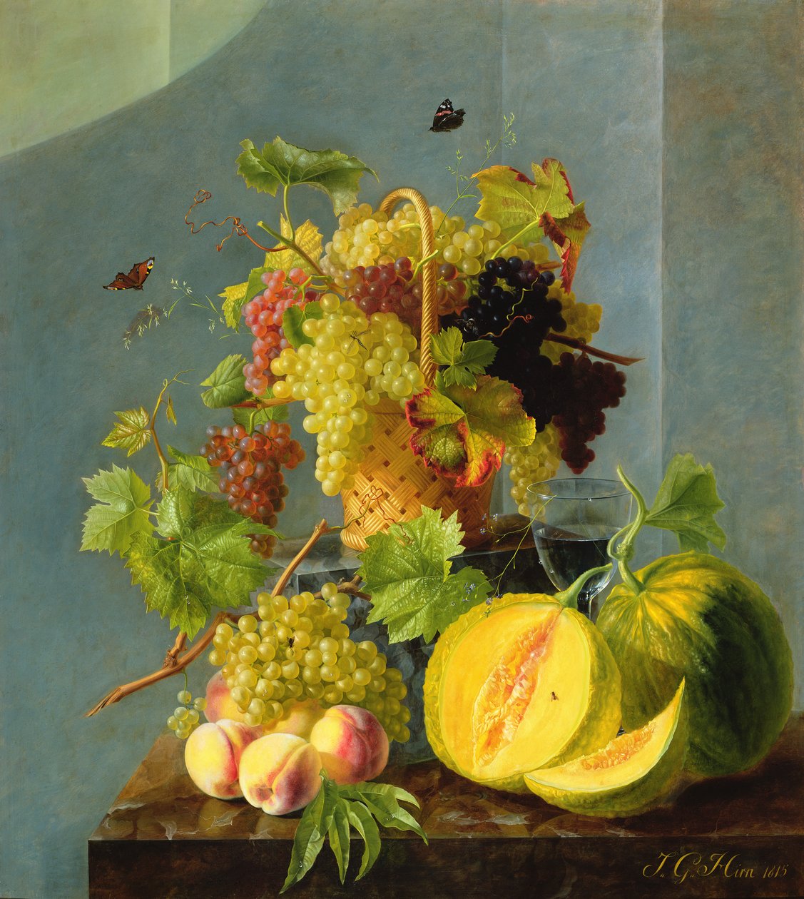 Stilleben med kurv med druer og meloner, 1815 (olje på kobber) av Jean Georges Hirn