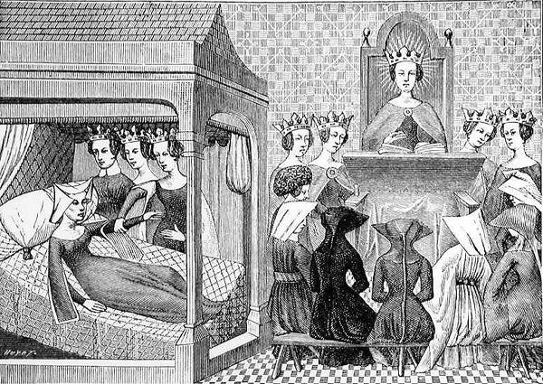 De tre dyder, fornuft, rettskaffenhet og rettferdighet, oppfordrer Christina de Pisan (ca. 1364-1410) til å skrive en bok om etikk til instruksjon av damer, illustrasjon fra Science and Literature in the Middl av Jean Georges after Huyot