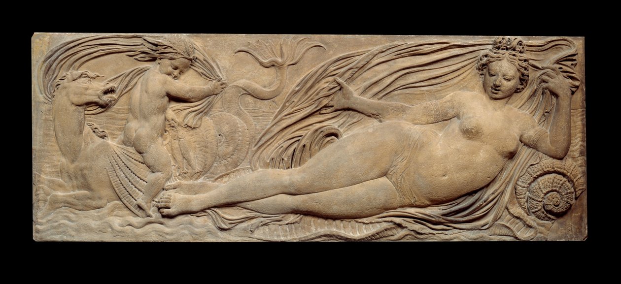 Nymfe og lille ånd rir på en marinehest; Nymfe og Triton omgitt av to små genier. Lav lindring. Steinskulptur av Jean Goujon (1510-1567) av Jean Goujon