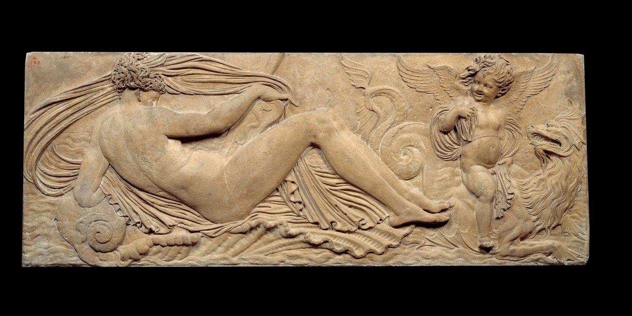Nymfe og lille ånd rir på en marinehest; Nymfe og Triton omgitt av to små genier. Lav lindring. Steinskulptur av Jean Goujon (1510-1567) av Jean Goujon