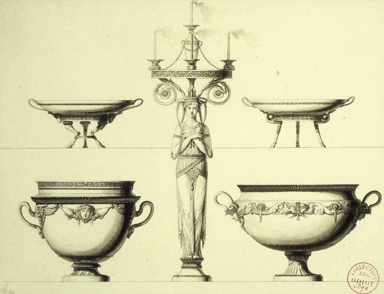 Design for en kandelaber i form av en kvinne, to sølvkopper og to sølvfat av Jean Guillaume Moitte