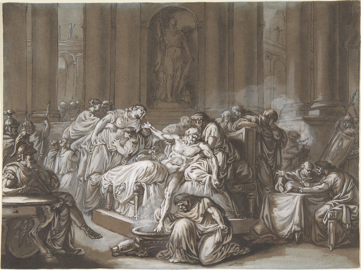 The Death of Seneca (penn og svart blekk, pensel og brun vask, forsterket med hvit gouache på blått papir) av Jean Guillaume Moitte