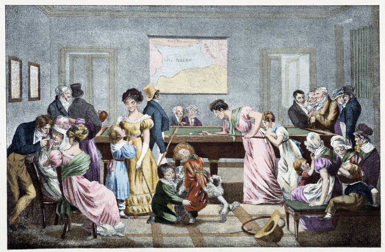 Et biljardrom på 1800-tallet: basert på en litografi av Marlet. av Jean Henri (after) Marlet