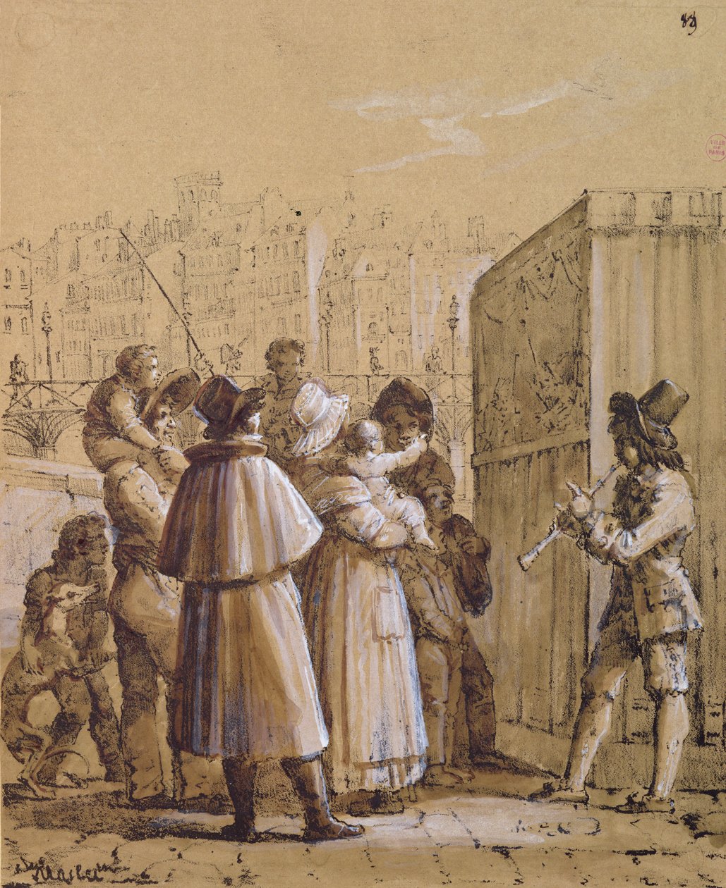 1tilskuere som ser på et Pulcinella-show nær Pont des Arts i Paris av Jean Henri Marlet