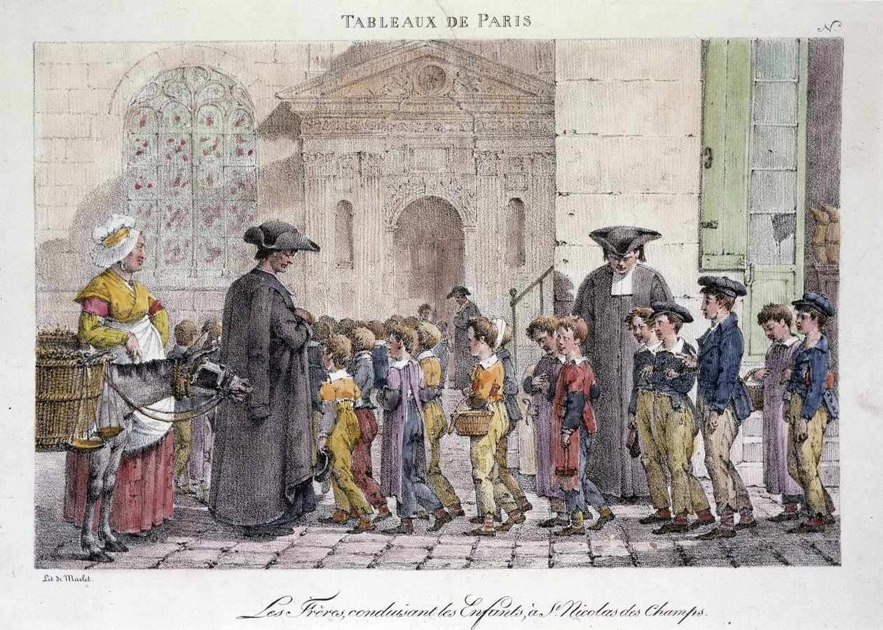 Tidligere gatehandel i Paris: brødrene kjører barna til Saint Nicolas des Champs (Saint-Nicolas-des-Champs), katolsk skole - gravering av Jean Henry Marlet (1771-1847) i "" Les Tableaux de Paris"", serie av 72 trykk, slutten av 1800-tallet av Jean Henri Marlet