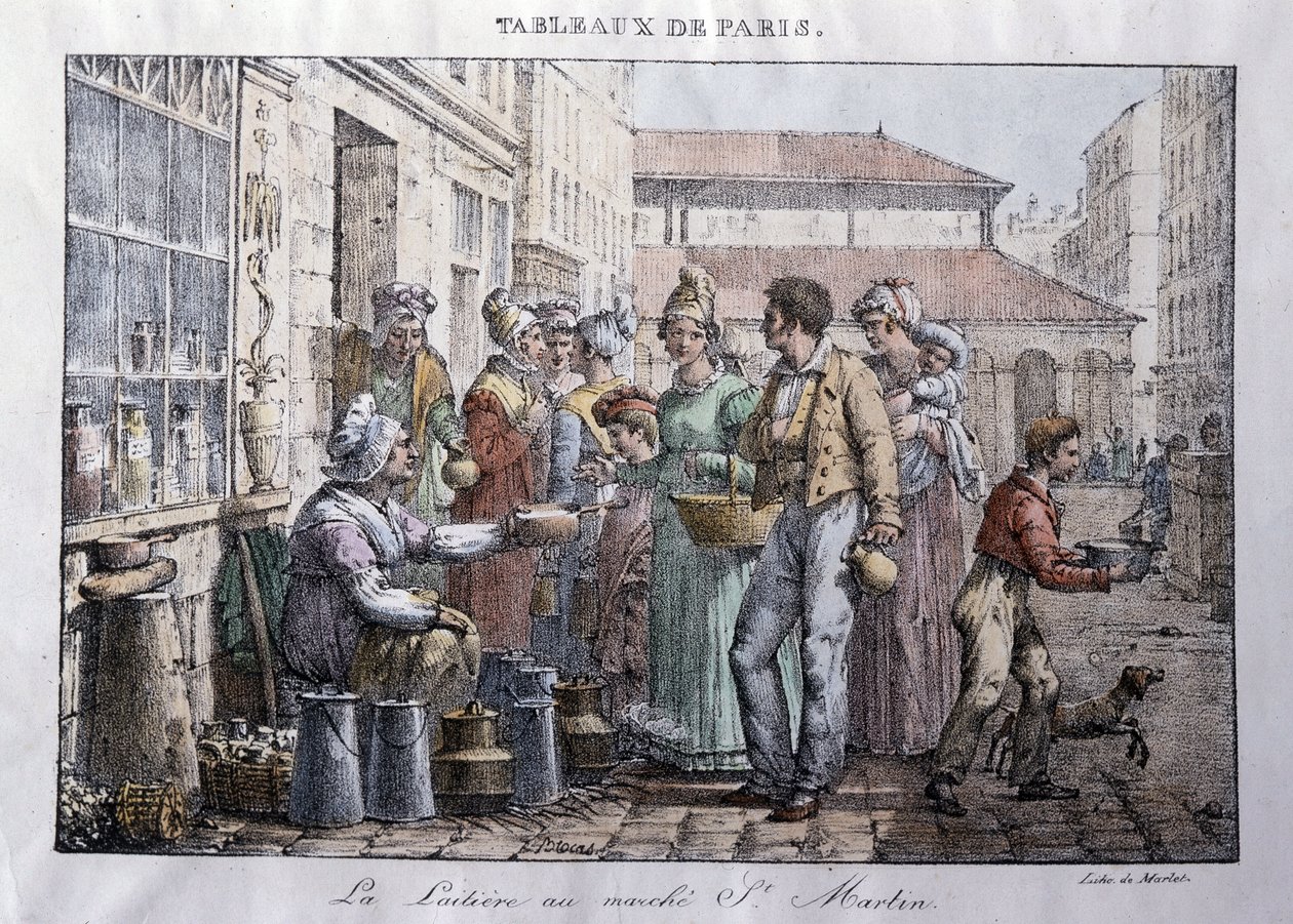 Gammel handel i gatene i Paris: Melkejenta på Saint Martin-markedet (Saint-Martin) - Gravering av Jean Henry Marlet (1771-1847) i "" Les Tableaux de Paris"", serie med 72 trykk, slutten av det 19. århundre av Jean Henri Marlet