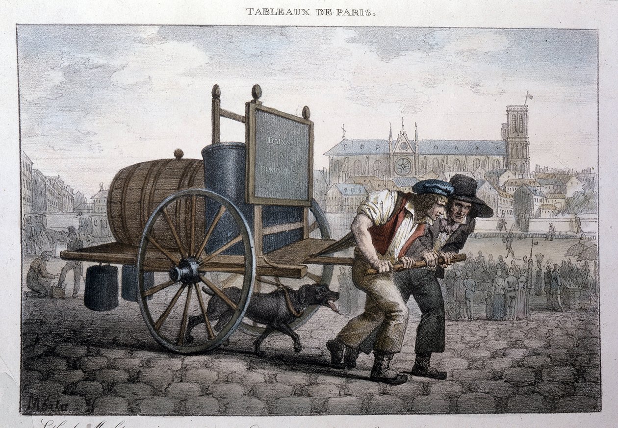 Tidligere gatemetier i Paris: bad hjemme (to menn trekker en vogn med en tønne fylt med vann). Gravering av Jean Henry Marlet (1771-1847) i "" Les Tableaux de Paris"", serie med 72 trykk, sent på 1800-tallet. av Jean Henri Marlet