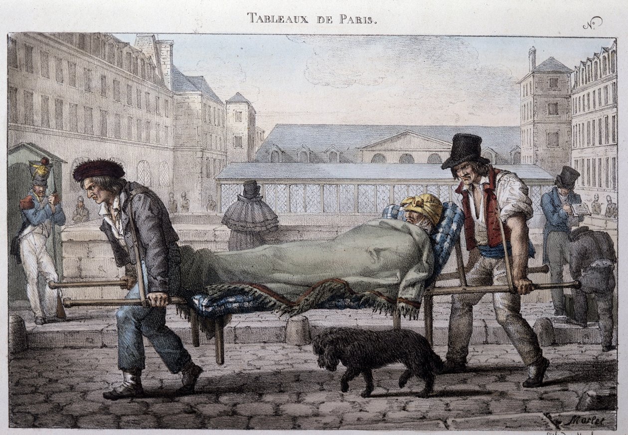 Tidligere gatemetier i Paris: den stakkars pasienten fører til sykehuset ved bårene. Gravering av Jean Henry Marlet (1771-1847) i "" Les Tableaux de Paris"", serie med 72 trykk, sent på 1800-tallet. av Jean Henri Marlet