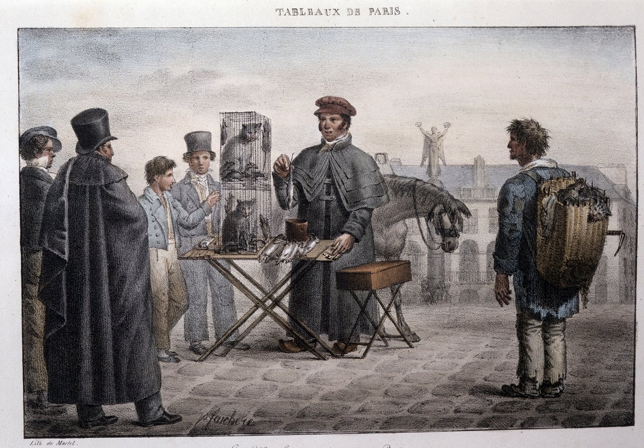 Tidligere gatemetier i Paris: rottedødshandleren (camelot). Gravering av Jean Henri Market (1771-1847) i "" Les Tableaux de Paris"", serie med 72 trykk, sent på 1800-tallet. av Jean Henri Marlet