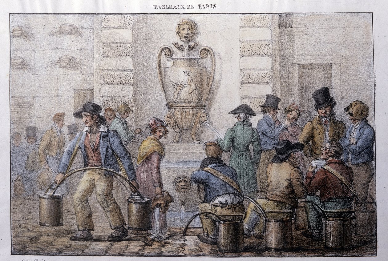 Tidligere gatemetier i Paris: vannbærer foran en fontene. Gravering av Jean Henry Marlet (1771-1847) i "" Les Tableaux de Paris"", serie med 72 trykk, sent på 1800-tallet. av Jean Henri Marlet
