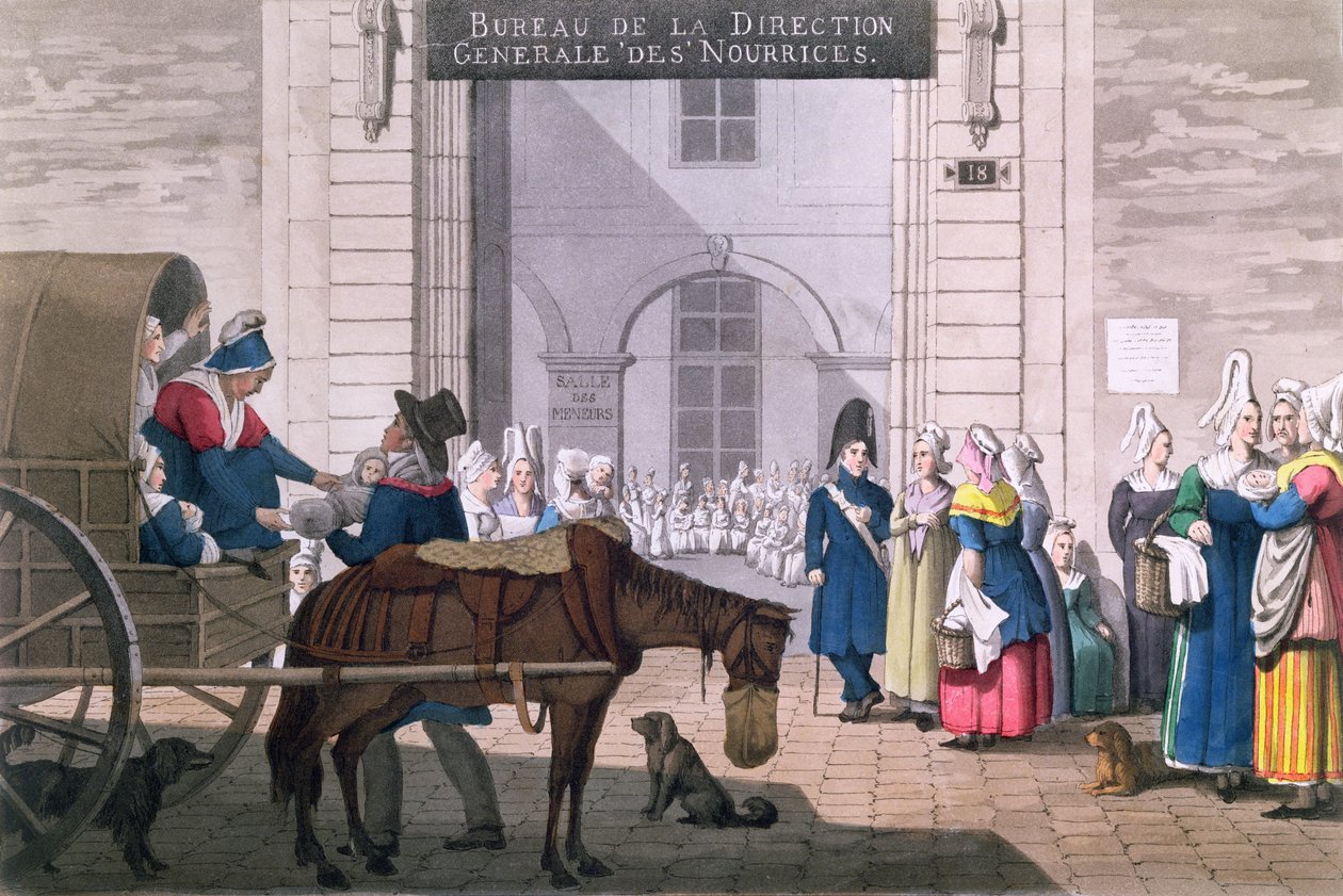 Le Bureau des Nourices i Paris, ca. 1820 (fargegravering) av Jean Henri Marlet
