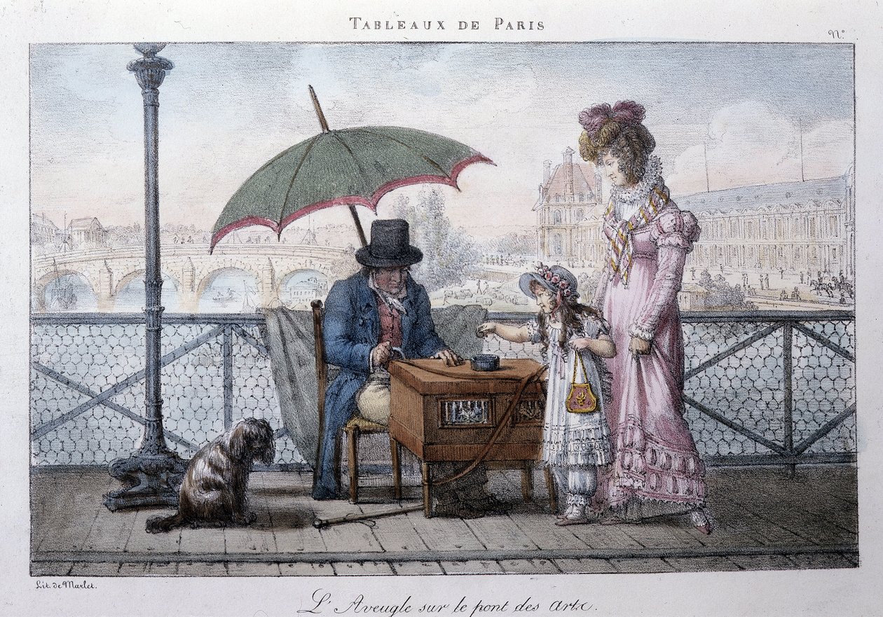 Gammelt gatebilde i Paris: blind tigger på kunstens bro. Gravering av Jean Henry Marlet (1771-1847) i "" Les Tableaux de Paris"", serie med 72 trykk, sent på 1800-tallet. av Jean Henri Marlet