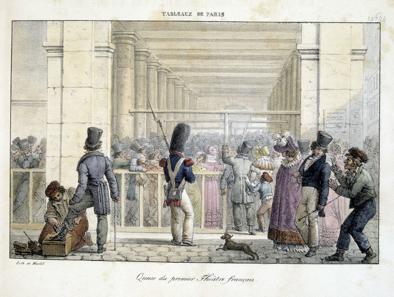 Kø ved Premier Théâtre Français, - litografi av Market, i "" Tableaux de Paris"" av Jean Henri Marlet