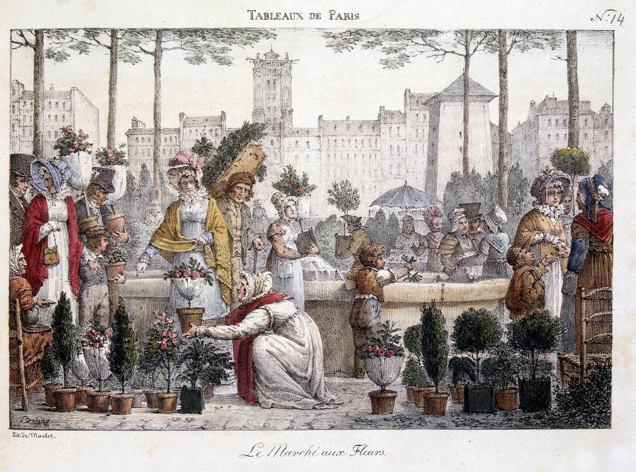 Blomstermarkedet - litografi av Brocas av Jean Henri Marlet