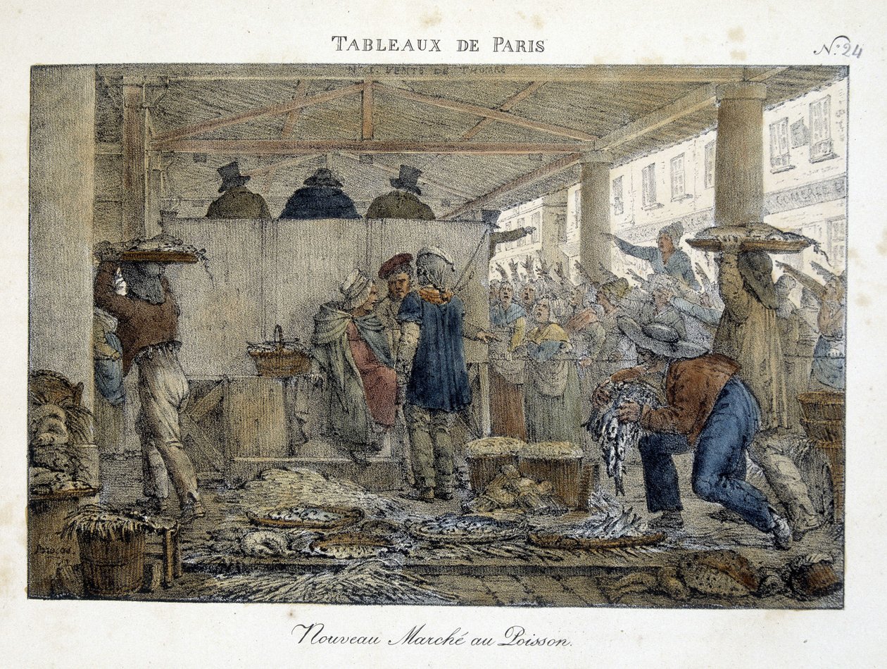 Det nye fiskemarkedet i Paris - litografi av Brocas av Jean Henri Marlet