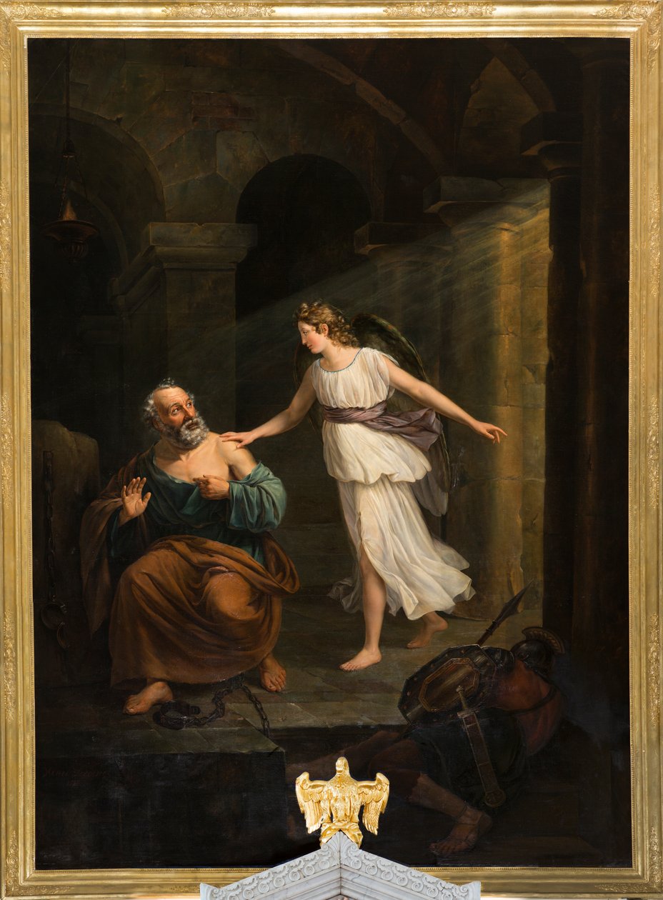 Sognekirke (Nederbrakel, Sognekirke Sint-Pieter-in-de-Banden). Interiør. maleri. "Sankt Peter levert av engelen og Thomas". Jean-Henri DeCoene. Omtrent 1835. av Jean Henri de Coene