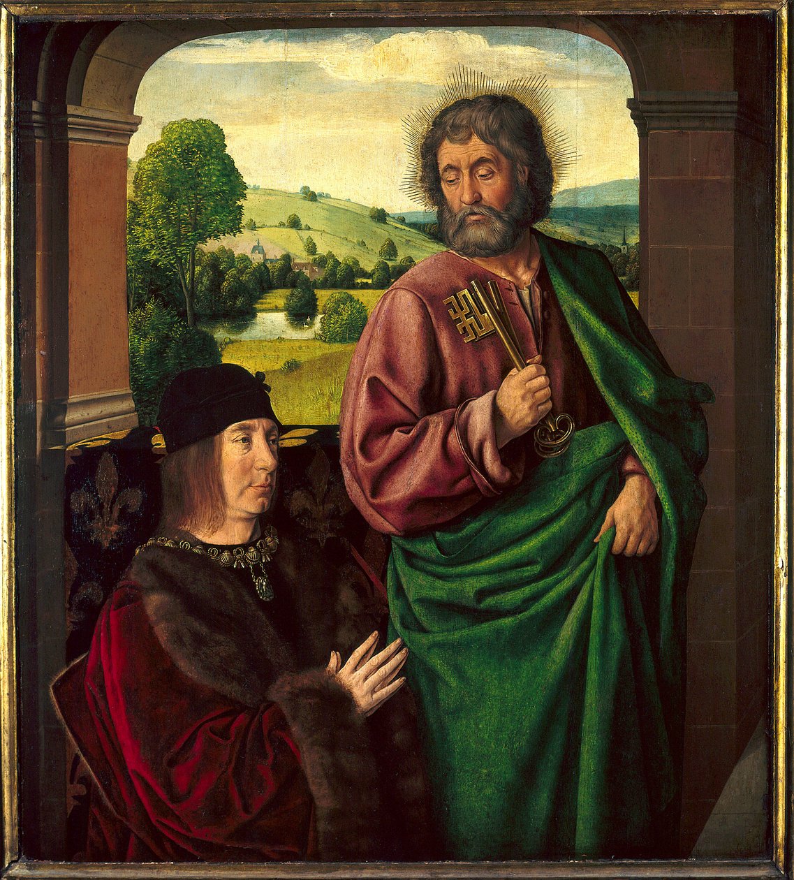 Portrett av Pierre II de Beaujeu, hertugen av Bourbon (1439-1505) Presentert av Saint Pierre Maleri av Maitre de Moulins eller Jean Hey (1450-1505). Søn 0,73 X 0,65m av Jean Hey