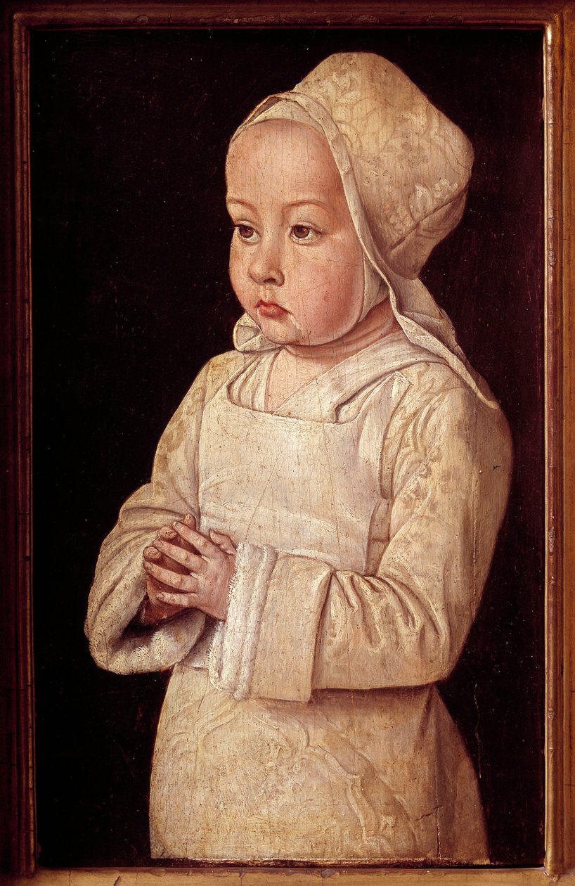 Portrett av Suzanne de Bourbon (1491-1521) kalt Child in prayer, datter av Anne av Frankrike og Pierre II av Bourbon Maleri av Master of Moulins eller Jean Hey (1450-1505) 1495-1500 Søn. 0,27x0,16 m av Jean Hey