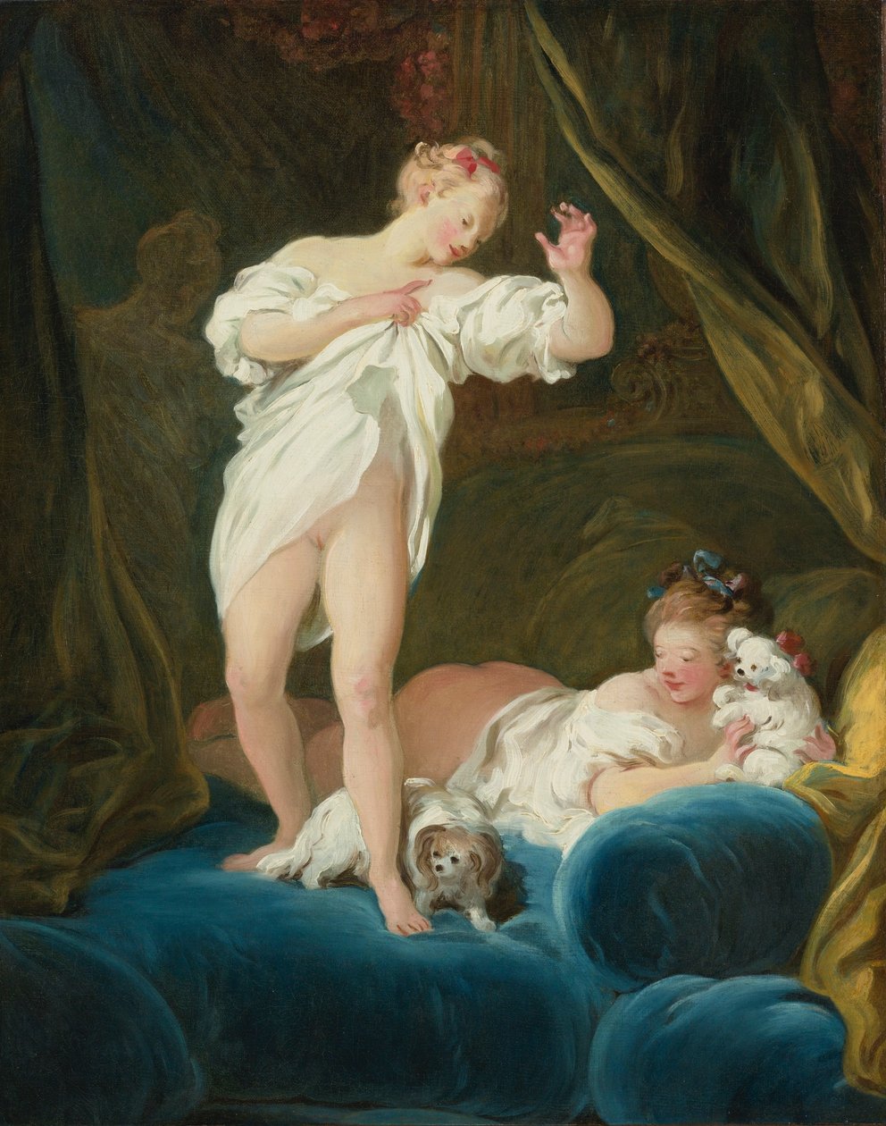 To jenter i sengen leker med hundene sine av Jean-Honore Fragonard