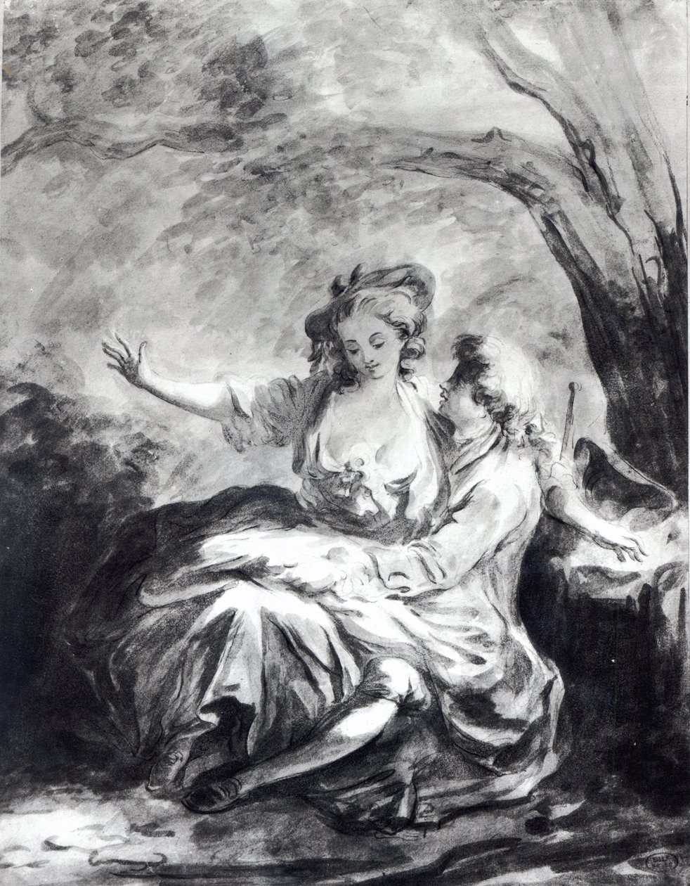Et møtested for kjærlighet (sepia på papir) av Jean Honore Fragonard