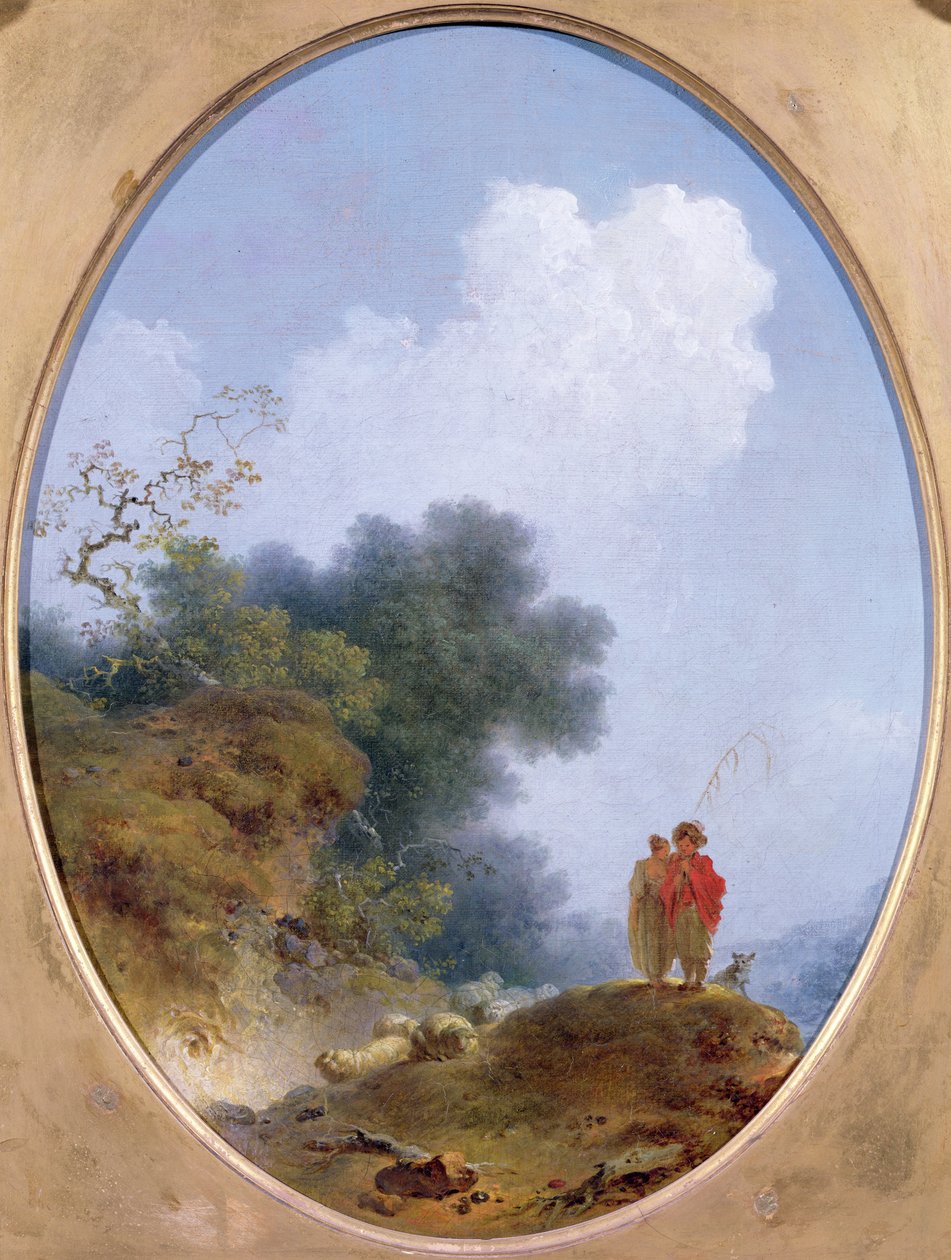 En hyrde som spiller på fløyte mens en bondepike lytter, 1765 av Jean Honore Fragonard