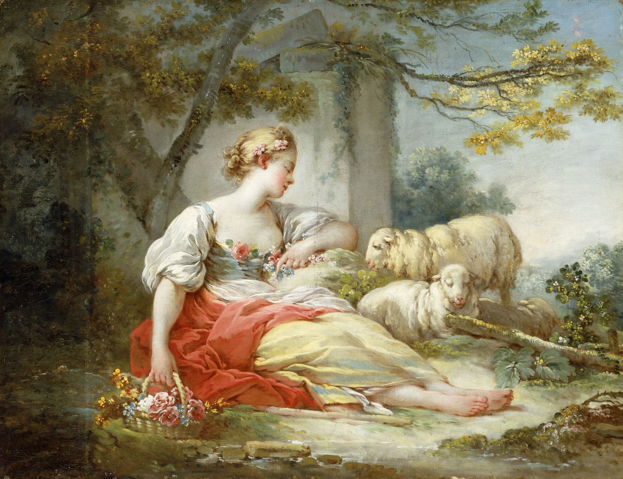 En gjeterinne som sitter med sauer og en kurv med blomster nær en ruin i et skogslandskap, av Jean Honore Fragonard