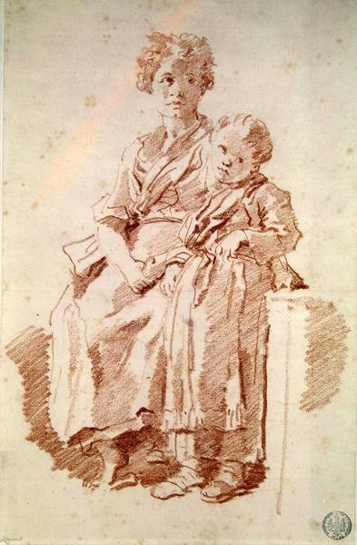 En ung jente med søsteren sin, 1774 (rødt kritt på papir) av Jean Honore Fragonard