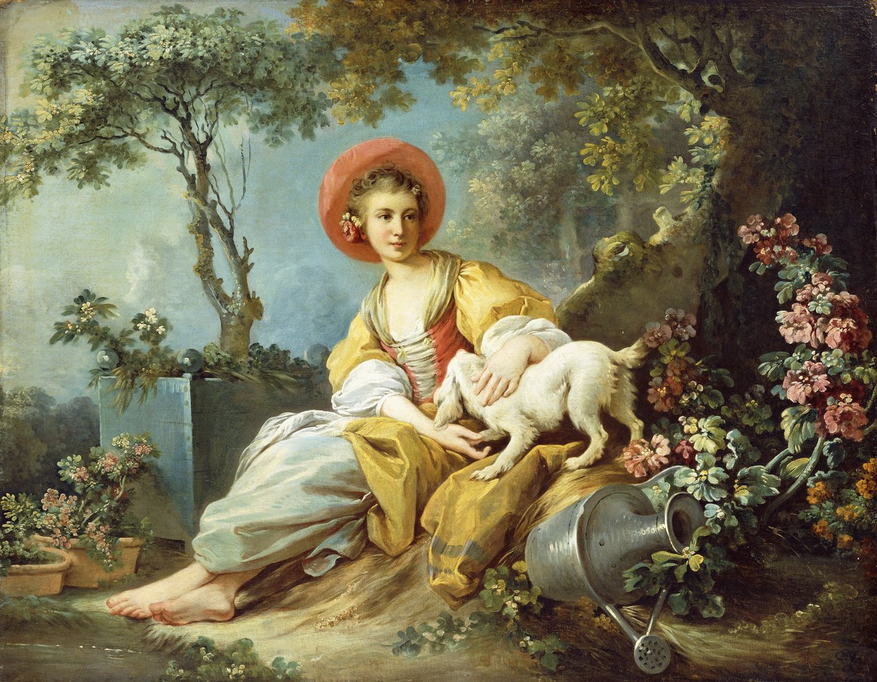 En ung kvinne sitter med en hund og en vannkanne i en hage, av Jean Honore Fragonard