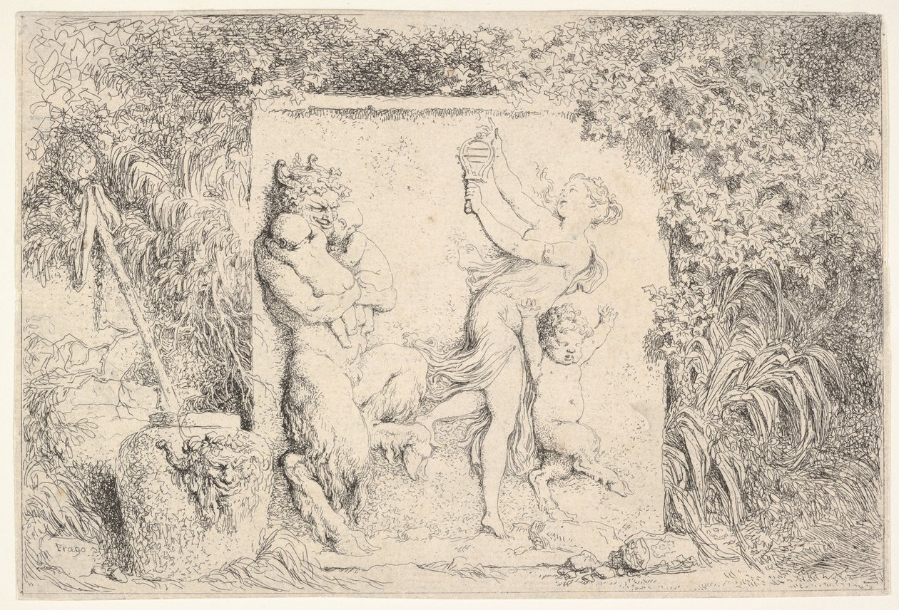 Et basrelieff som viser en satyr til venstre som holder to spedbarn, en annen barnesatyr til høyre..., 1763. av Jean Honore Fragonard