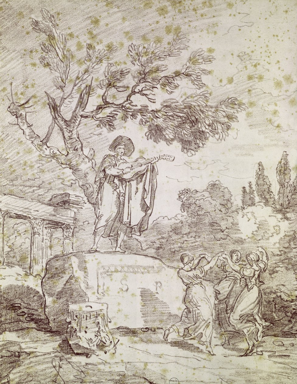 En italiensk gitarist som spiller for tre dansende jenter (rødt kritt på papir) av Jean Honore Fragonard