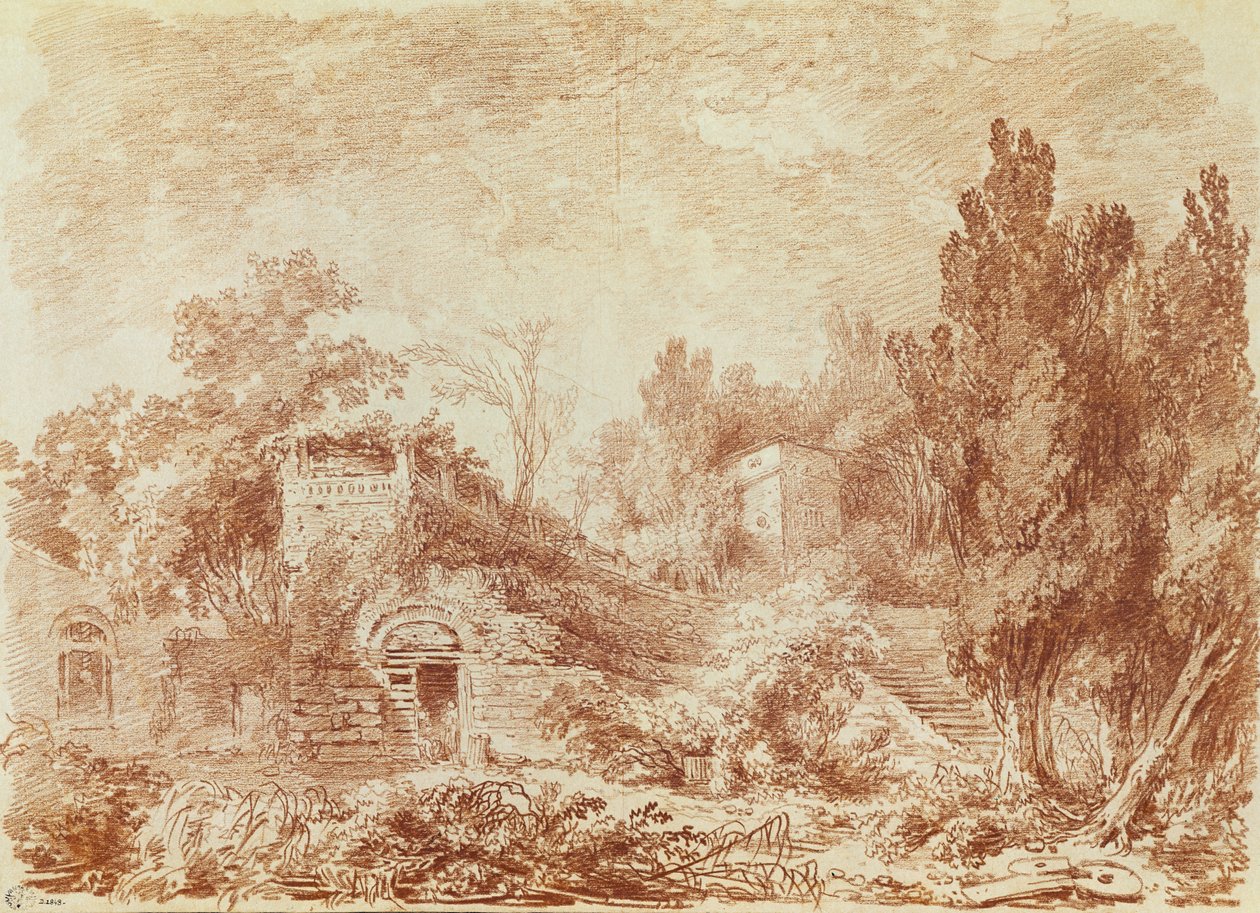 Antikkens teater, Hadrians villa, nær Tivoli (rødt kritt på papir) av Jean Honore Fragonard