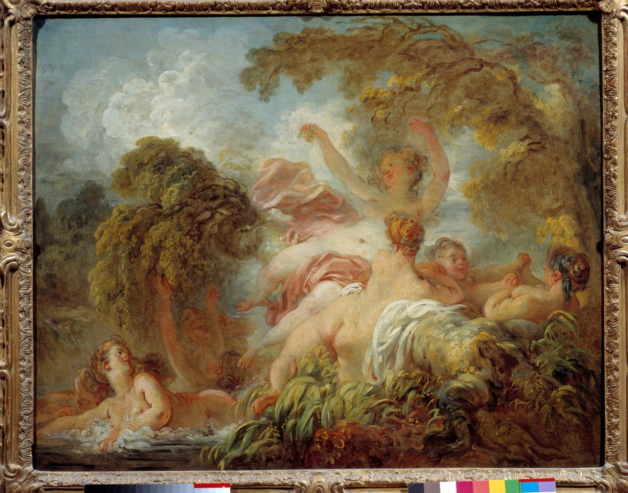 Badende Gruppe av nakne unge kvinner som bader. Maleri av Jean Honore Fragonard (1732-1806) Søn fra 1700-tallet. 0,64x0,8 m av Jean Honore Fragonard