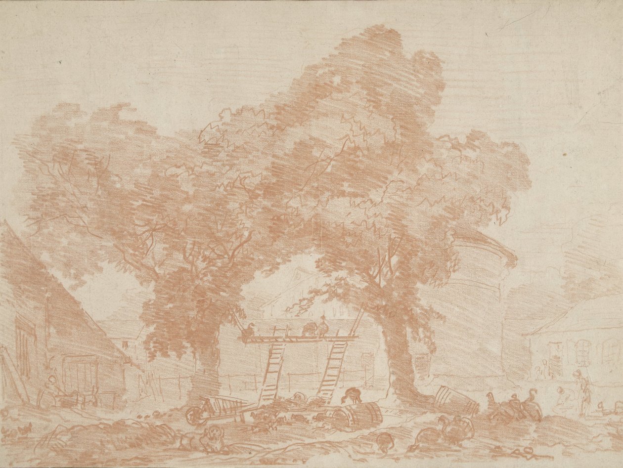 Gårdstun med to trær, med stiger mellom av Jean Honore Fragonard
